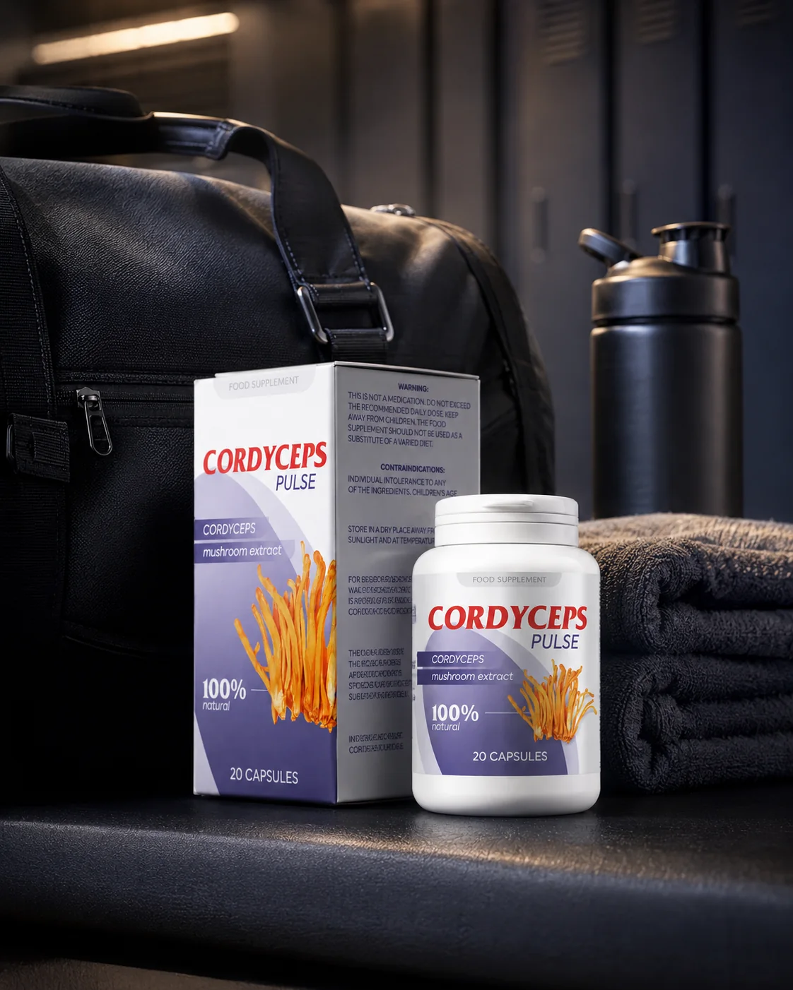 Boîte et flacon de Cordyceps Pulse dans un environnement sportif